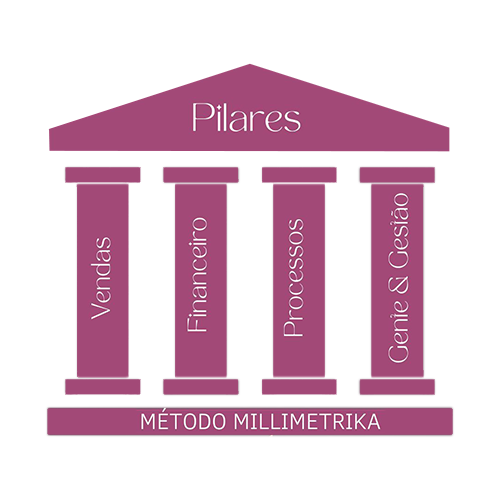 os quatro pilares da Millimetrika, que se situam em vendas, financeiro, Processos e Gente & Gestão